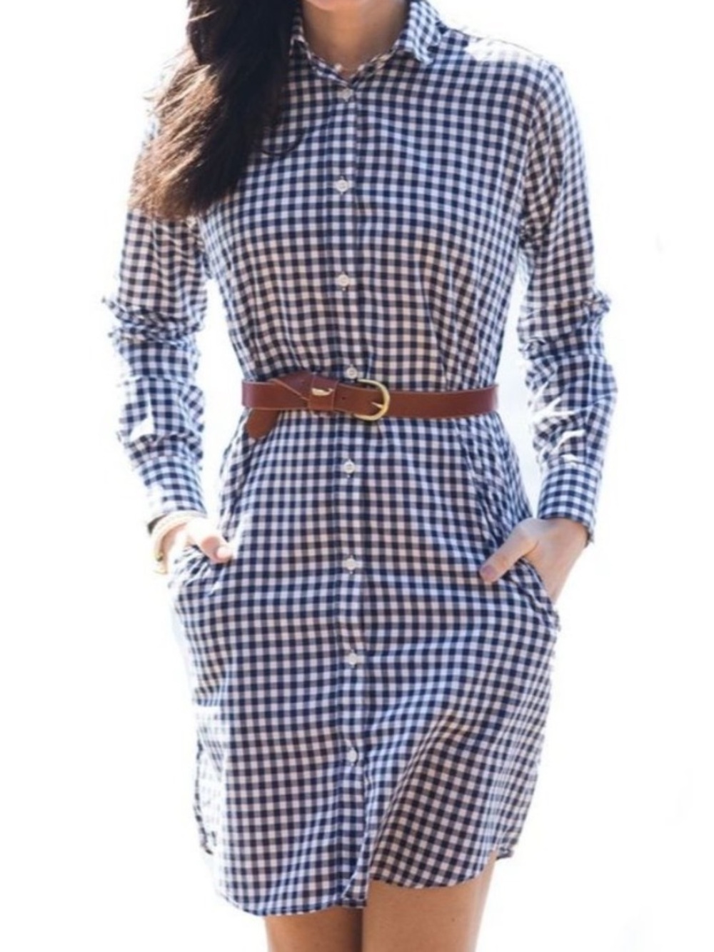 Kiel James Patrick Scallop Collar Oxford Navy Blue Gingham Check Shirt Dress Med